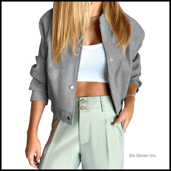 Jackets & Blazers - Cropped Bomber Jacket Wool Blend Varsity Pea Coat Long Sleeve Button Casual